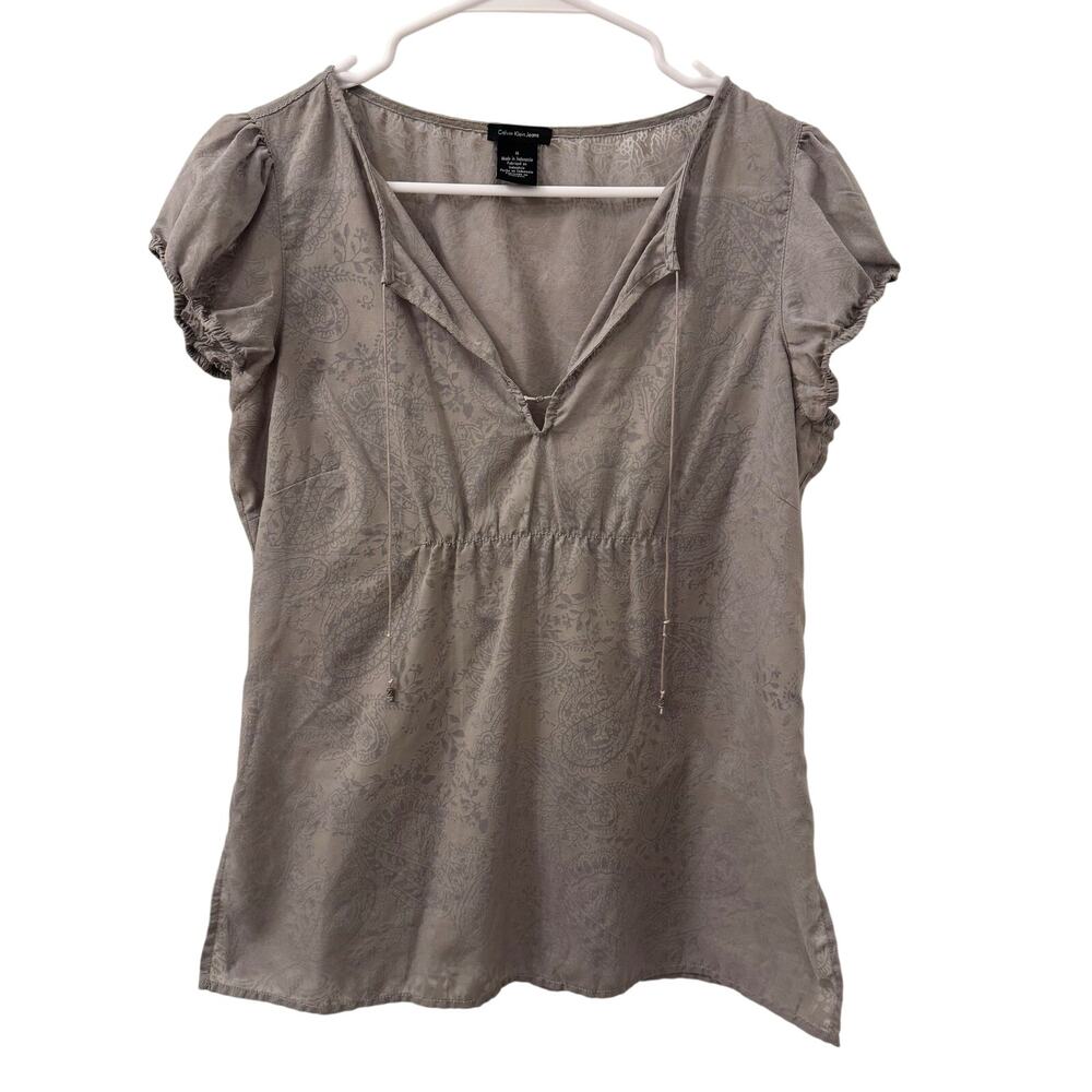 Vintage Calvin Klein Women’s Y2K Brown Babydoll Cap Sleeve Top Sz M Fairy Sheer